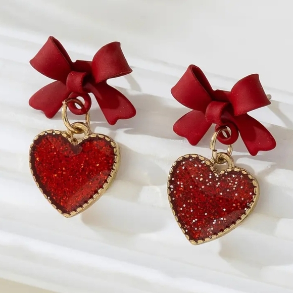 Jewelry - Red Heart Earrings with Bows